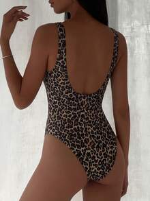 2026 New Leopard Print U-Neck Fitted Casual One-Piece Swimsuit For Women Vacation - Brown - View 4
