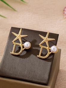 Asymmetrical Starfish Earrings, Beach & Ocean Style - Yellow Gold - View 5