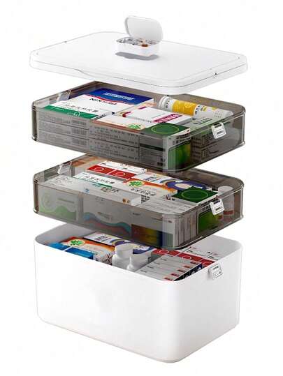 1/2/3/4/5layers Medicine Organizer With Detachable Pill Box, First Aid Kit With Handle, Portable Multipurpose Plastic Medical Box For Home, Travel, And Family Emergencies(White)