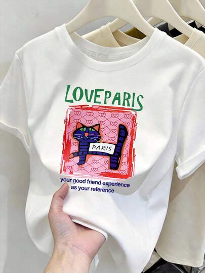 女士休闲夏季新款猫咪图案短袖T恤