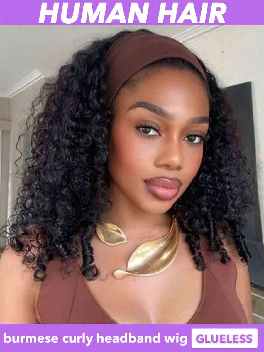 Burmese Curly 24 Inch Headband Wig Human Hair Headband Wigs For Women Glueless None Lace Front Human Hair Headband Wig Brazilian Virgin Hair Machine Made Wigs Natural Black 200% Density (18 20 22 24 Inch, Natural Black#1B) - Natural Black - View 1
