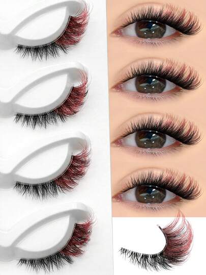 GROINNEYA 5 Pairs Dull Red Colored Lashes C Curl Eye Elongated Winged End Cat Eye Lashes End Of The Eye Colored Lashes Delicate Dramatic Mink Lashes Fluffy Thick False Eyelashes Soft Clear Band Fake Eyelashes,Suitable For Party And Cosplay,Masquerade Balls,Makeup Essential(CD08)
