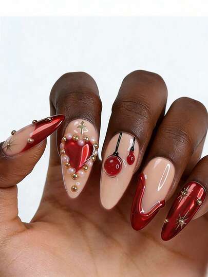 24pcs/Set Acrylic Press-On Nails, Heart Pattern, Romantic Occasions Like New Year,Valentines Day Red Heart Press On Nails Long Almond 3D Cherry Charms Glossy Lava Drip French Tip, Perfect Fit Fake Nails, Includes 1pc Jelly Gel And 1pc Nail File, French Manicure, Suitable For Women And Girls, Daily And Party Nail Accessories Nail Supplies