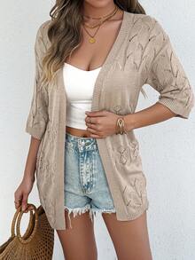 Elegant Open Front Hollow Out Ribbed Drop Shoulder Mid-Sleeve Women Knit Cardigan, Spring/Summer - Khaki - View 3