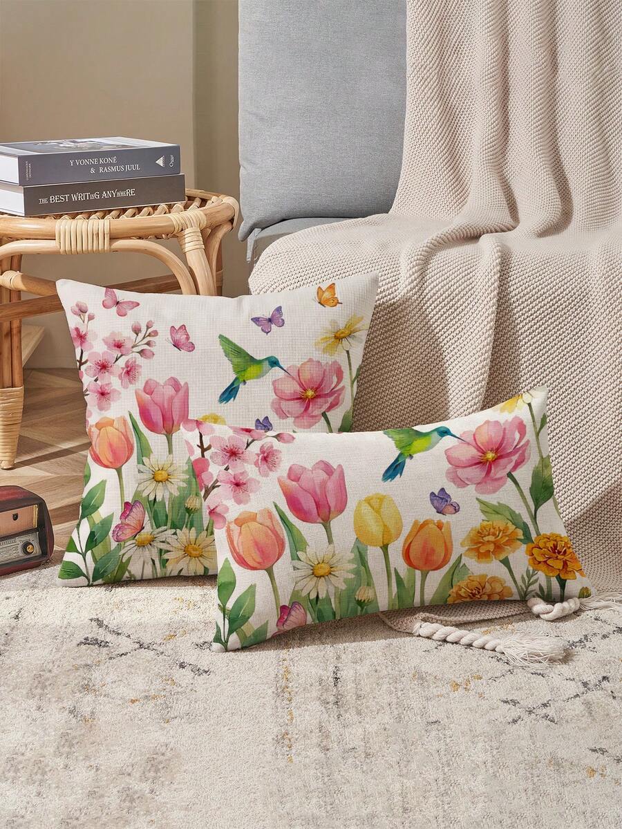 Bộ 2 vỏ gối trang trí nhà cửa mùa xuân/hè, họa tiết hoa, nhiều kích cỡ, dùng để tựa lưng, trang trí phòng khách, trang trí sofa, quà tặng ngày Valentine, vỏ gối sofa, vỏ gối ghế ô tô. - Nhiều màu - Xem 1