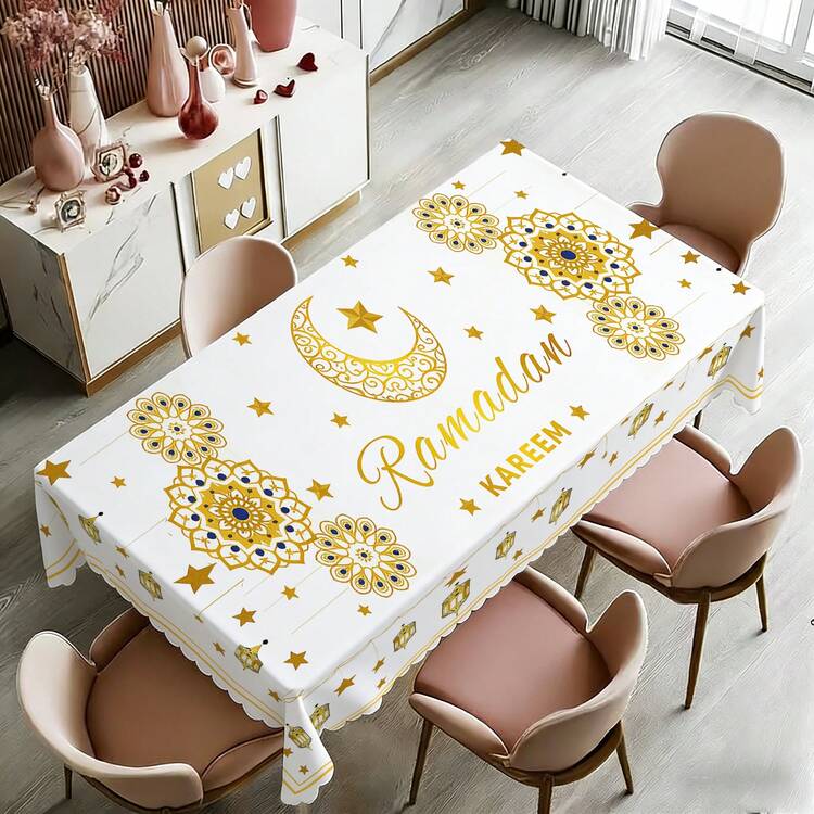 1pc High-End Ramadan White & Gold Wavy Edge Tablecloth, Celestial Lantern Decor, Ramadan Gift, Easy-Clean Polyester Dining Table Cover, Suitable For Holiday Themed Parties, Daily Dining, Outdoor Weddings, Camping & Picnics, Indoor/Outdoor Use - Multicolor - View 5