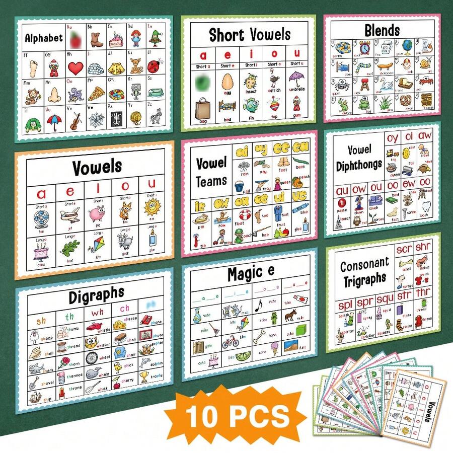 Lachilly 10 PCS/Set Poster Belajar Kata Fonik Bahasa Inggris, Gabungan Vokal dan Diftong, Mainan Edukatif untuk Anak-Anak, Bahan Belajar Prasekolah, Dekorasi Kelas Taman Kanak-Kanak, Alat Bantu Mengajar di Rumah
