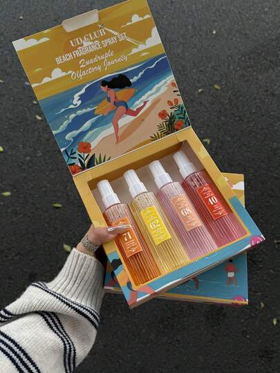 UDCLUB 沙滩套装是一款精致的盒装空气清新剂套装，适用于居家、旅行、办公等多种场合。它能有效去除异味，是馈赠亲朋好友的理想之选。本产品为无酒精香氛喷雾，包含四种不同的女士淡雅香型（100毫升大容量），持久留香，室内外均可使用。您可以选择随机一种香型，或选择包含四种不同香型的套装：1件/4件。