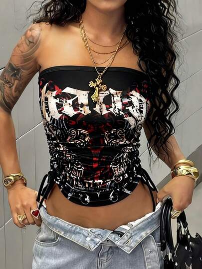 Summer Street Solid Color Slim Fit Tops Side Drawstring Graphic Sleeveless Tube Tops Club For Women