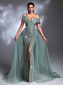 A Mint Green Diagonal Sequin-Beaded Off-Shoulder V-Neck Ruched Strap Crisscross Lace-Up Open Back High-Waist Belt Slit Tulle Train Elegant Light Luxury High-End Evening Party Gown - Mint Green - View 5