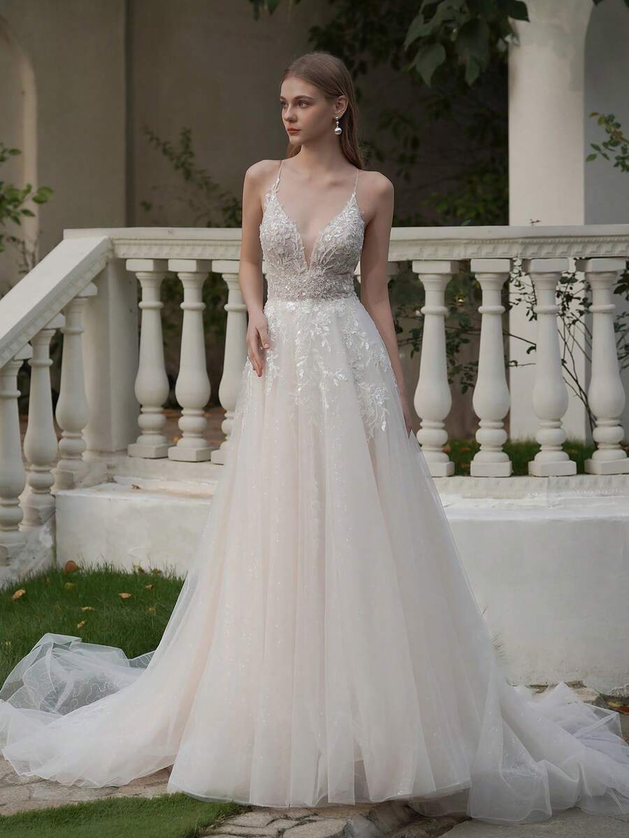 YOUKEFEIER Đầm ren thêu cổ chữ V hai dây thanh lịch, thích hợp cho đám cưới ngoài trời, đám cưới trên bãi biển, dáng đuôi cá. - Màu be - Xem 1
