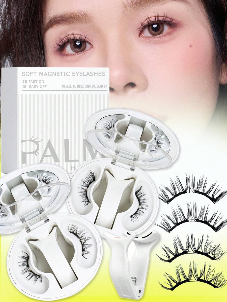 PALM LASHES 1 par de delineador magnético con pestañas magnéticas, pestañas magnéticas suaves mejoradas, pestañas postizas magnéticas portátiles con efecto natural, reutilizables, sin necesidad de pegamento, fáciles de poner y quitar (juego completo, cómodo)