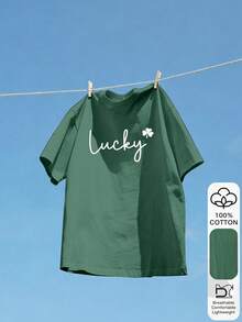 Camiseta de verano casual de 100% algodón con estampado de letra afortunada de San Patricio para mujer, camiseta gráfica, tela suave, ropa de algodón, parte superior para exteriores, estampado impreso, camiseta de verano, camiseta de mujer, parte superior, blusa de verano, atuendo de vacaciones, estilo de viaje, vibra de playa, ropa minimalista para días festivos - Verde - Ver 6