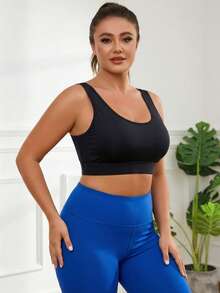 Women Plus Size Sports Bra Fixed Molded Cups High Support Wide Straps V-Neck Backless Workout Yoga Tank Top - Black - View 7