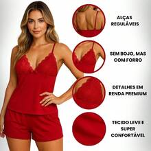 Comfortable Baby Doll Pajamas Without Padding, Short Doll With Lace And Liganete Fabric For Women - Red - View 3