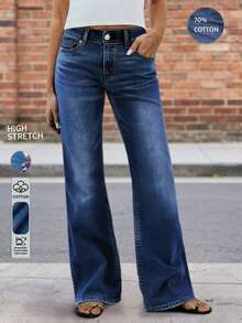 新款时尚女式直筒牛仔裤，舒适弹力，高品质，时尚休闲装 - 深色水洗藍 - 查看 1