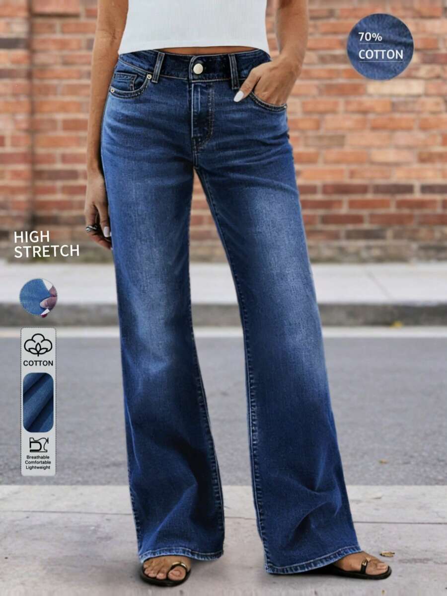 新款时尚女式直筒牛仔裤，舒适弹力，高品质，时尚休闲装 - 深色水洗藍 - 查看 1