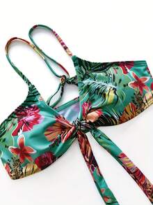 Women's 3-Piece Summer And Beachwear Set, Includes Push-Up Bra Top With Scarf, High-Waisted Panties, And Chiffon Dress With Random Print, Stylish Bikini Swimsuit - 深藍色 - 查看 5