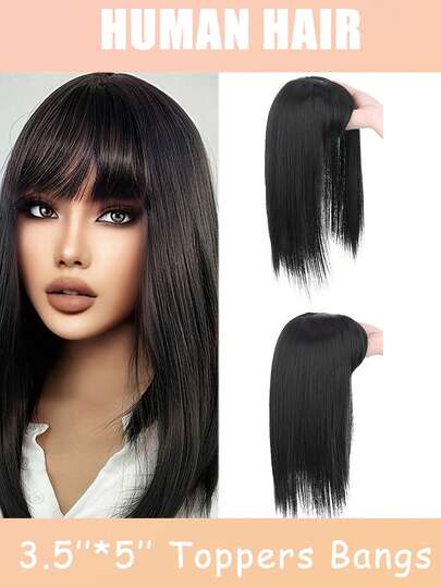 10inch Hair Toppers For Women Clip In Hair Pieces Large Base Wiglets With Bangs Hair Extension Hairpieces 4 Clips, Suitable For Women Real Human Hair Toppe Natural Look For Thinning Hair, Easy Application & Removal, No Glue Needed, Straight Hair With Thinning Hair Clip Ins Hair Pieces Natural Black Easy To Apply & Reusable, Hairpiece, Sleek Extension Design, Natural Appearance To Use For Parties, Holidays, Casual Attire - Natural Volume & Coverage