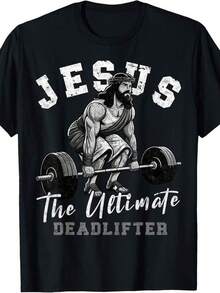 Camiseta de hombre con estampado Jesús El Ultimate Deadlifter, divertida camiseta cristiana de entrenamiento de gimnasio, camiseta estampada para hombre - camiseta gráfica de manga corta - camiseta de moda fresca de verano para uso casual en todas las estaciones ‌ , Moda de Verano, Ropa Casual, Estilo de Calle, Atuendos Diarios, Cómodo, Moderno, Estilo de Vida Activo, Clásico, Look de Verano Relajado, Regalo Ideal para Hombres - Negro - Ver 1