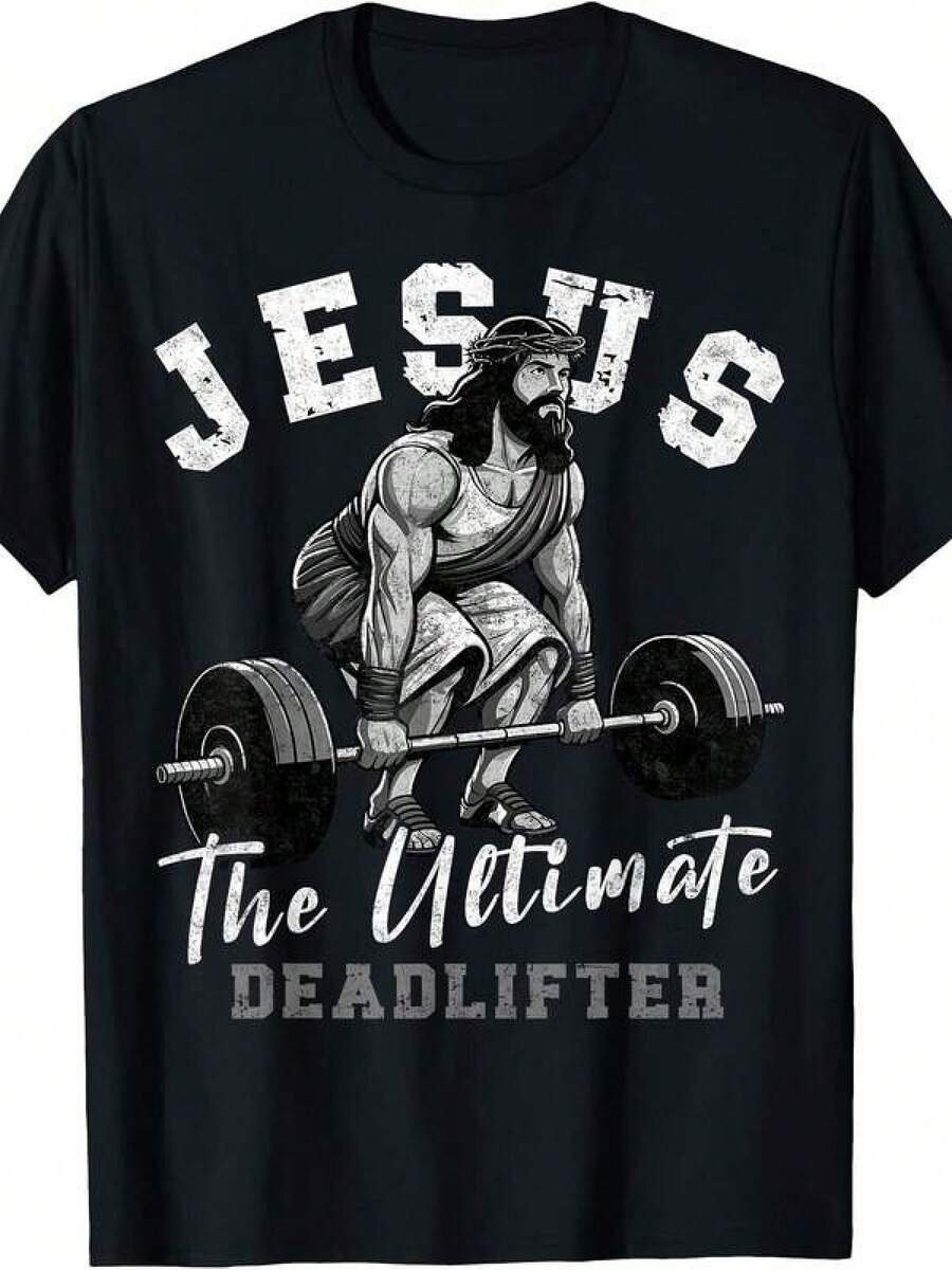 Camiseta de hombre con estampado Jesús El Ultimate Deadlifter, divertida camiseta cristiana de entrenamiento de gimnasio, camiseta estampada para hombre - camiseta gráfica de manga corta - camiseta de moda fresca de verano para uso casual en todas las estaciones , Moda de Verano, Ropa Casual, Estilo de Calle, Atuendos Diarios, Cómodo, Moderno, Estilo de Vida Activo, Clásico, Look de Verano Relajado, Regalo Ideal para Hombres - Negro - Ver 1