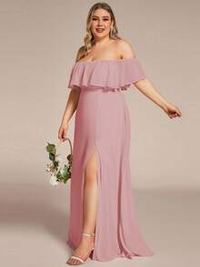 EVERPRETTY Plus Size Women's Off-Shoulder Ruffle Hem Side Slit Elegant Lotus Pink Bridesmaid Dress, Suitable For Wedding, Birthday Party In Spring/Summer - Dusty Pink - View 3