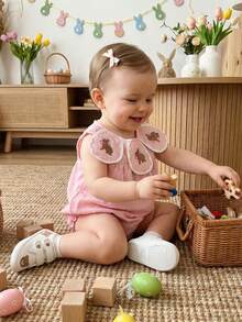 Baby Girls Rompers Easter Clothes Bunny Embroidered Crew Neck Sleeveless Infant Bodysuits Jumpsuits - Rosa - Ver 8