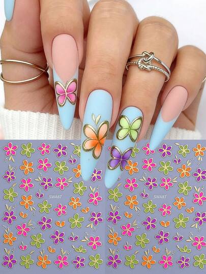 2 sztuki wiosennych, prostych, pięciopłatkowych wzorów kwiatowych naklejek na paznokcie, 3D, różowy, fioletowy, pomarańczowy i zielony, kwiatowy wzór, naklejki na paznokcie ze złotym brzegiem, samoprzylepne, ozdoby do paznokci, akcesoria do manicure dla kobiet