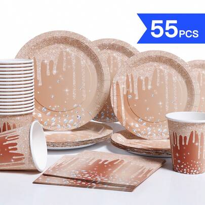 Rose Gold Diamond Teardrop Disposable Plates, Napkins, Cups - One-Time Party Set For 10 Guests, Disposable Paper Plates Suitable For Birthday, Wedding, Theme Party, Family Picnic