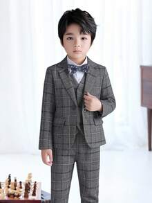 2 件套年轻男孩正式西装外套和裤子，演出/婚礼/学校派对服装，秋季 - 灰色 - 查看 3