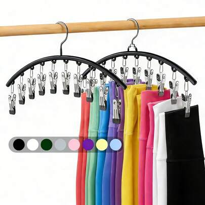 4件套衣柜打底裤收纳架，金属瑜伽裤衣架，带10个夹子，可收纳10条打底裤，节省空间的悬挂式衣柜整理架，配有橡胶涂层衣物袋和储物隔层，黑色