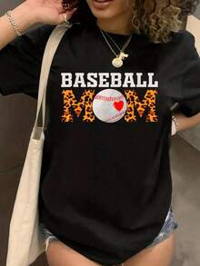 100% Algodón Maija Camiseta de Mujer Baseball Mamá Estampado de Leopardo Softball Camiseta de Manga Corta Cuello Redondo Top Casual para Verano y Primavera, Ropa de Mujer - Negro - Ver 1