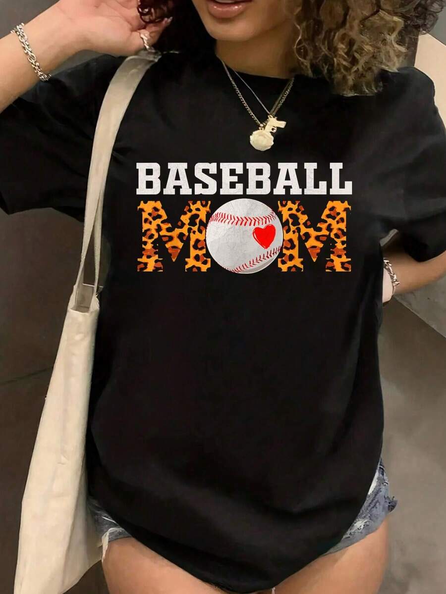 100% Algodón Maija Camiseta de Mujer Baseball Mamá Estampado de Leopardo Softball Camiseta de Manga Corta Cuello Redondo Top Casual para Verano y Primavera, Ropa de Mujer - Negro - Ver 1