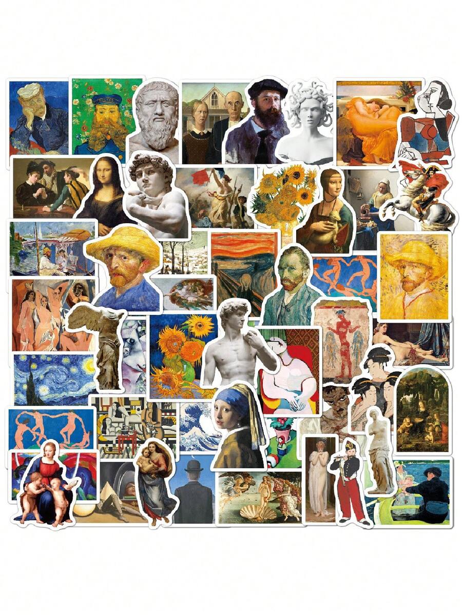 50Pcs Classic Famous Painting Art Stickers - Featuring Van Gogh, Mona Lisa & Masterpieces, Waterproof . Ideal For Notebooks, Water Bottles, Skateboards & Luggage, A Popular Chic DIY Accessory For Art Lovers, Students & Creators. - Multicolor - View 1