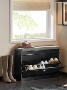 Hallway Shoe Bench Shoe Rack Shoe Cabinet With Seat Cushion And Flip-Drawer Black W75 X D24 X H51cm FSR82-L-SCH - Black - View 1