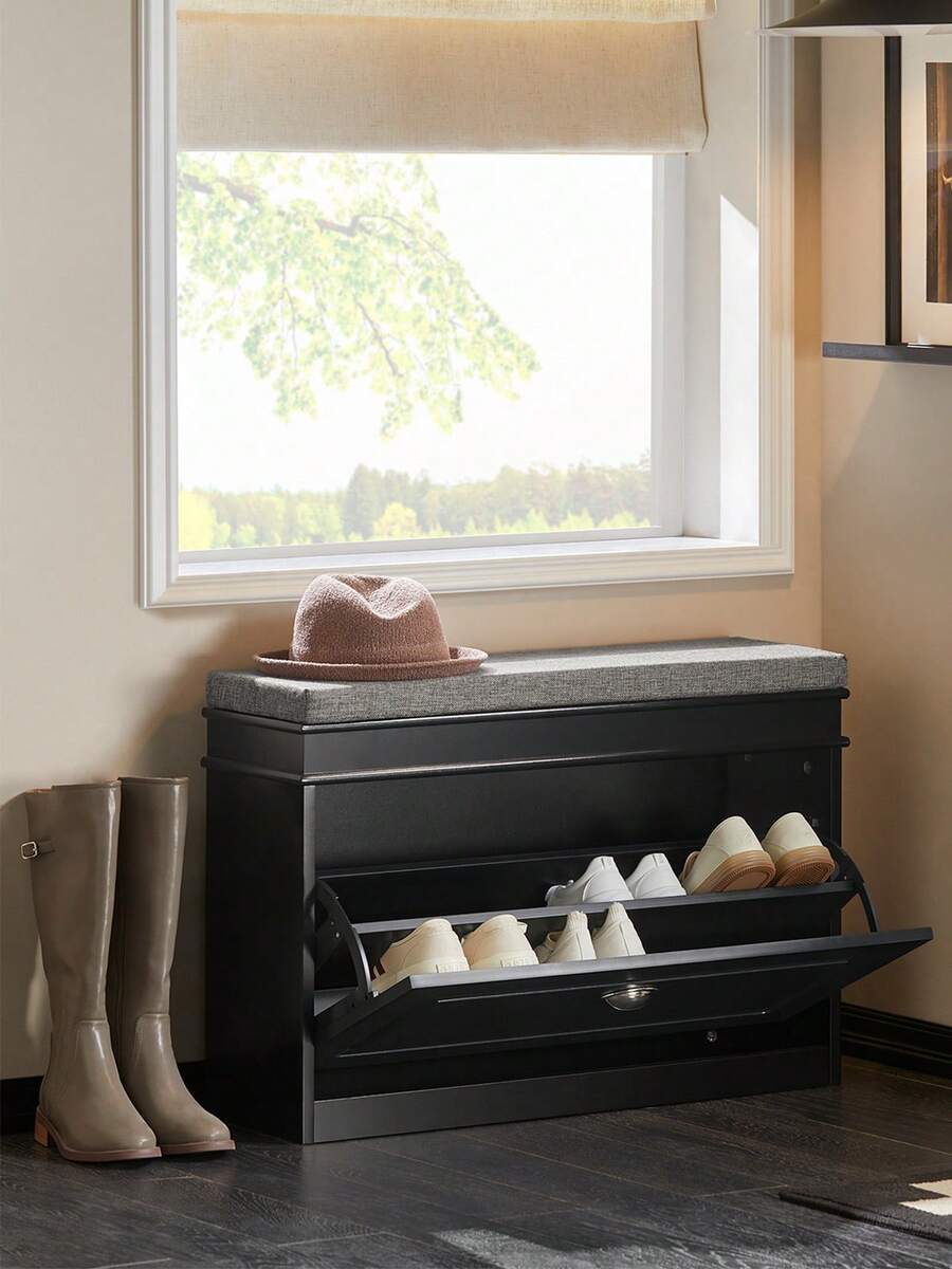 Hallway Shoe Bench Shoe Rack Shoe Cabinet With Seat Cushion And Flip-Drawer Black W75 X D24 X H51cm FSR82-L-SCH - Black - View 1