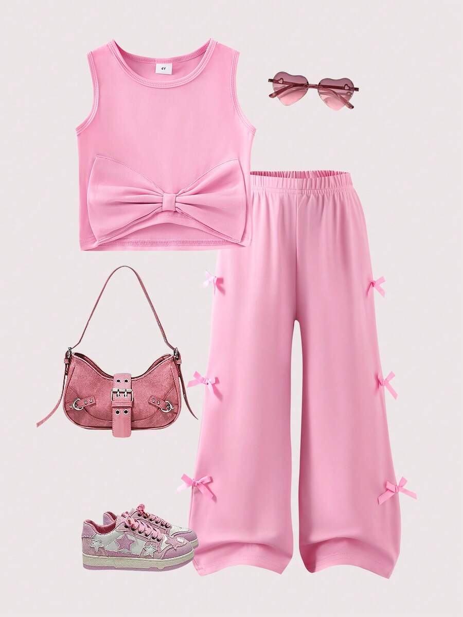 2pcs/Set Young Girl' Sweet & Chic Big Bow Sleeveless Top + Ribbon Bow Pants Set, Summer Outfit - Pink - View 1