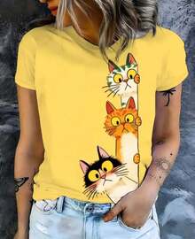 Women's 100% Cotton Casual Unisex T-Shirt With Cat Print, Round Neck, Ideal For Everyday Wear - 黃色 - 查看 1