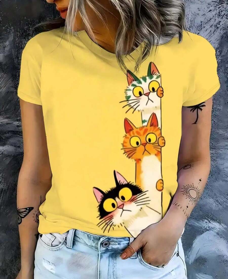Women's 100% Cotton Casual Unisex T-Shirt With Cat Print, Round Neck, Ideal For Everyday Wear - 黃色 - 查看 1