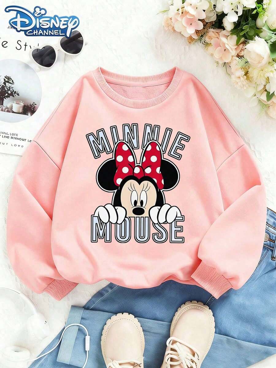 1pc Disney Classic Minnie Mouse Graphic Print Lightweight Breathable Sweatshirt For Girls Perfect For Daily Life & Casual Outfits - Hồng - Xem 1