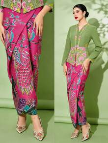 1件印花优雅娘惹卡巴雅半身裙，女士春夏款，红色半身裙（不含上衣） - 紅色 - 查看 2