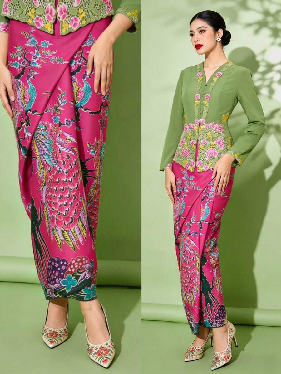 1件印花优雅娘惹卡巴雅半身裙，女士春夏款，红色半身裙（不含上衣）