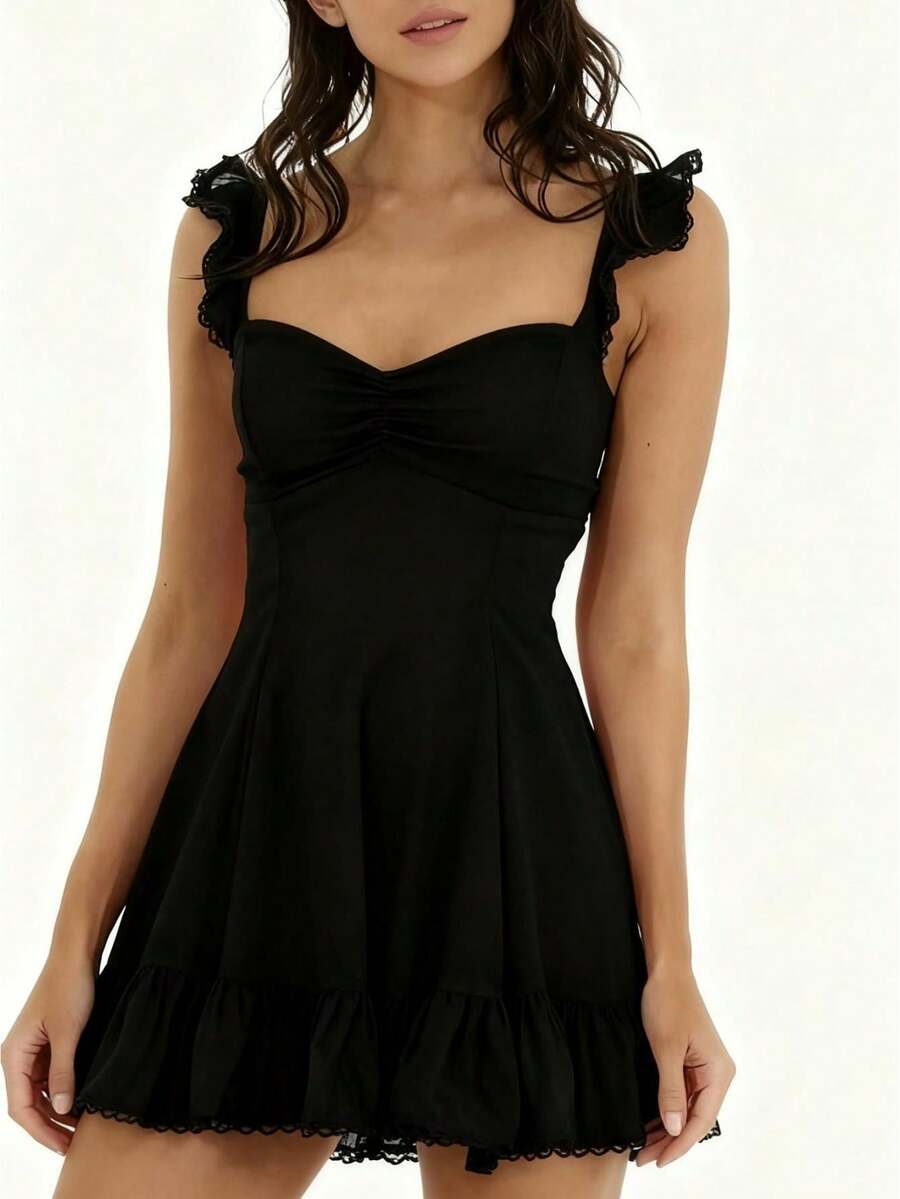 Ruffled Strap Mini Dress For Women Sweetheart Neck Ruched Bust A-Line Ruffle Hem Lace Trim Casual Summer Party Dress - màu đen - Xem 1