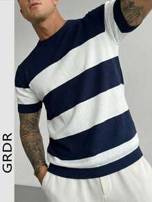 GRDR Áo thun nam mùa xuân/hè cổ tròn tay ngắn kẻ sọc phối màu dệt kim gân dáng ôm, phong cách quý tộc cổ điển, giản dị nhưng tinh tế, đa năng cho mặc hàng ngày. Áo thun nam dệt kim thiết kế cao cấp. - Màu xanh hải quân - Xem 1
