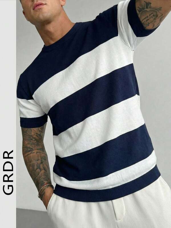 GRDR Camiseta de punto de manga corta con cuello redondo, de corte ajustado, con bloques de color a rayas, de estilo casual y sofisticado, versátil para uso diario de hombres, camisas de punto de diseñador para hombres