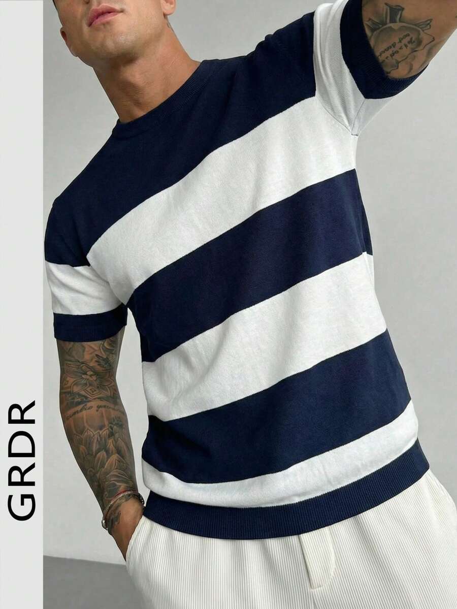 GRDR Áo thun nam mùa xuân/hè cổ tròn tay ngắn kẻ sọc phối màu dệt kim gân dáng ôm, phong cách quý tộc cổ điển, giản dị nhưng tinh tế, đa năng cho mặc hàng ngày. Áo thun nam dệt kim thiết kế cao cấp. - Màu xanh hải quân - Xem 1