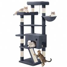 HaluPeit Cat Tree, 153 Cm, Spacious And Stable, With 6 Scratching Posts, 1 Comfortable Large Cat House, 3 Large Platforms, Cat Basket, Pom-Poms, Scratching Board, Dark Grey - Dark Grey - View 7