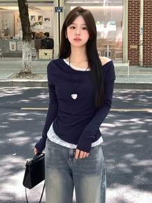 蕾丝拼接斜肩设计长袖T恤，修身剪裁，甜美性感，春季款 - 藏蓝色 - 查看 5