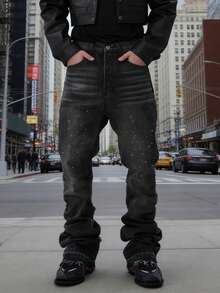 Men's Washed Black & Grey Loose Straight Leg Jeans, Casual High Street American Vibe - Grey - View 5