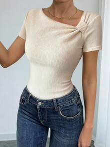 Women's Elegant Ribbed Short Sleeve Standard Length Sweater Top, Unique Neckline Design - New Apricot - View 1